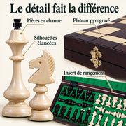 Jeu d’échecs Le Montagnard en bois — gros plans des matières, des finitions et du rangement