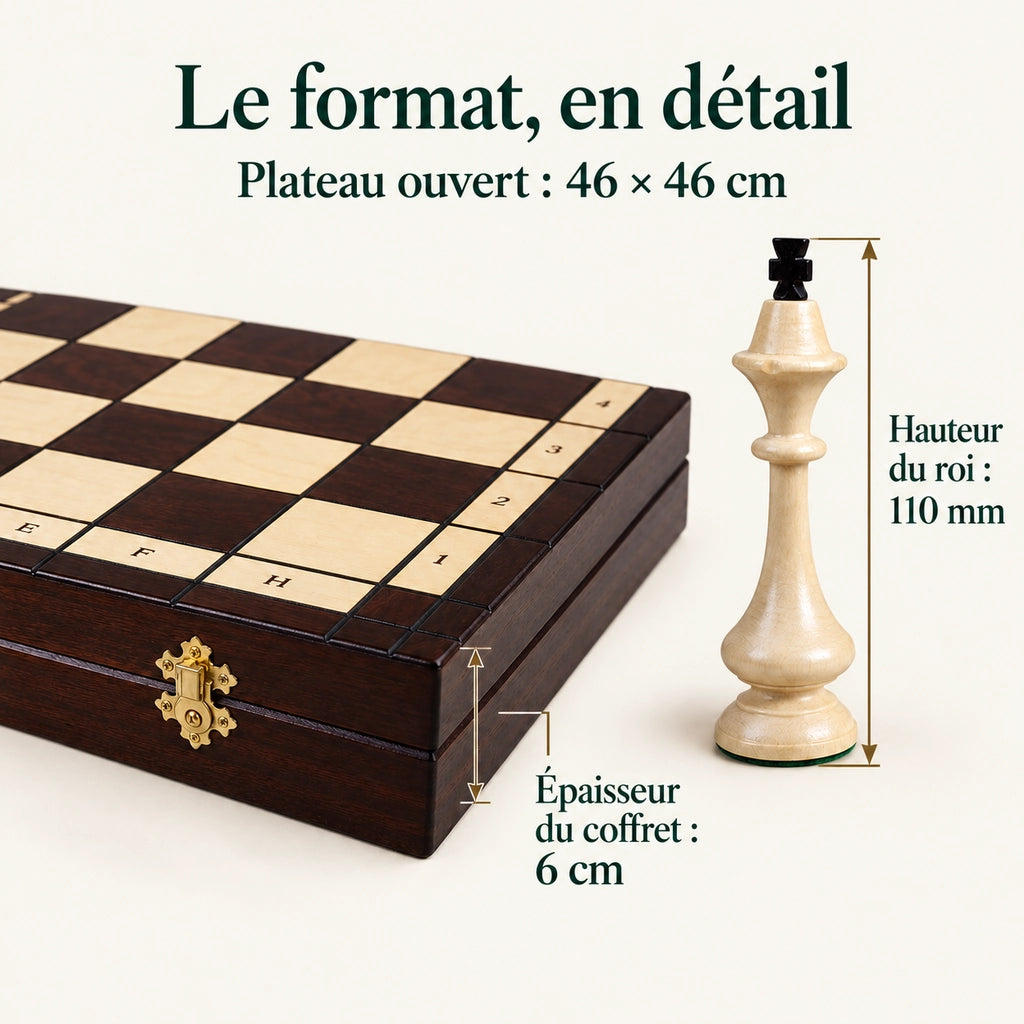 Le Montagnard — plateau ouvert 46 × 46 cm, roi 110 mm et épaisseur du coffret 6 cm
