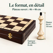 Le Montagnard — plateau ouvert 46 × 46 cm, roi 110 mm et épaisseur du coffret 6 cm