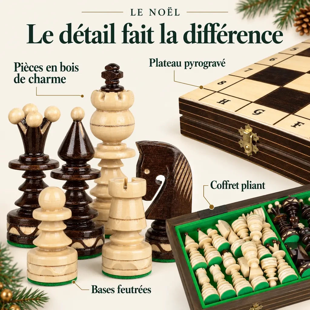 Jeu d’échecs Le Noël en bois — gros plans des matières, des finitions et du rangement