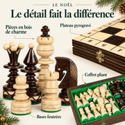 Jeu d’échecs Le Noël en bois — gros plans des matières, des finitions et du rangement