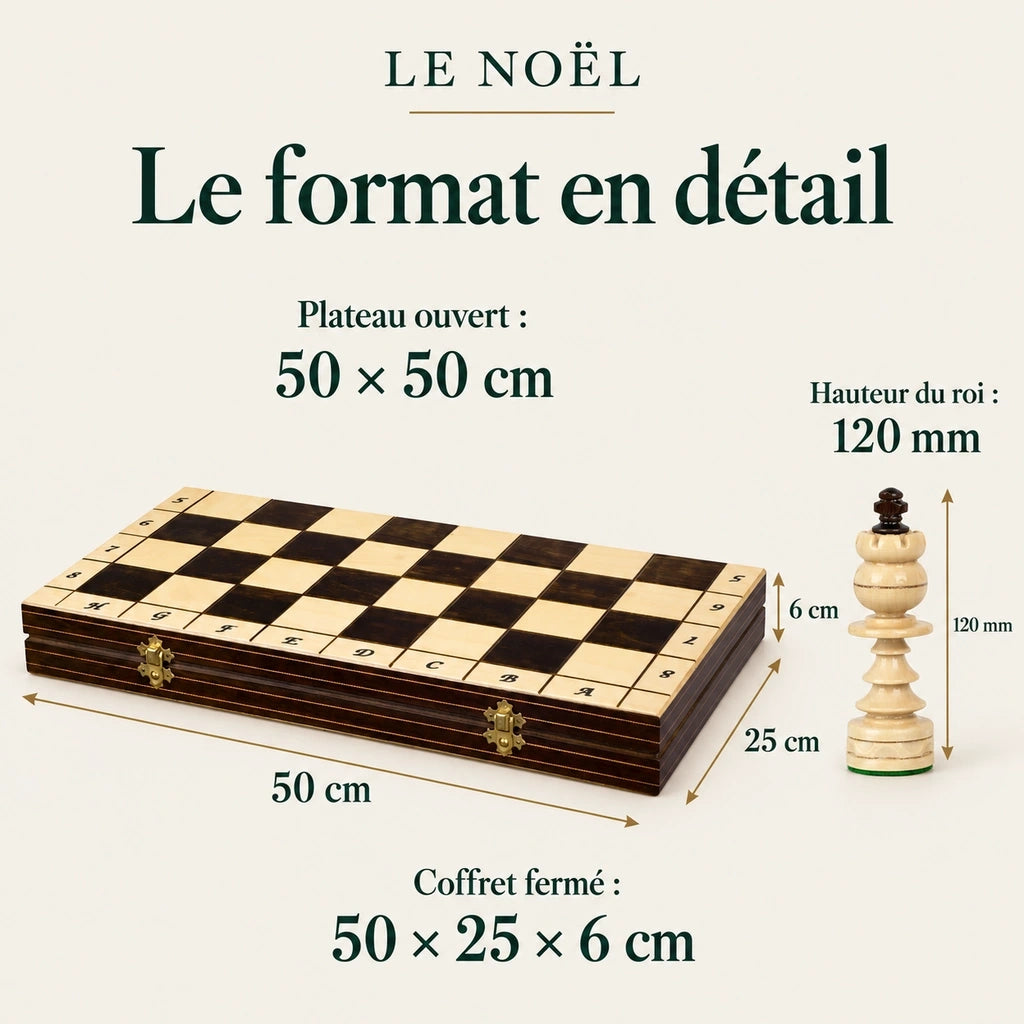 Jeu d’échecs Le Noël en bois — dimensions vérifiées du modèle