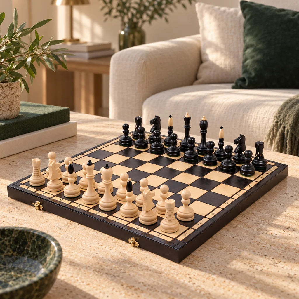 Jeu d’échecs Le Saint-Germain — mis en scène dans un salon