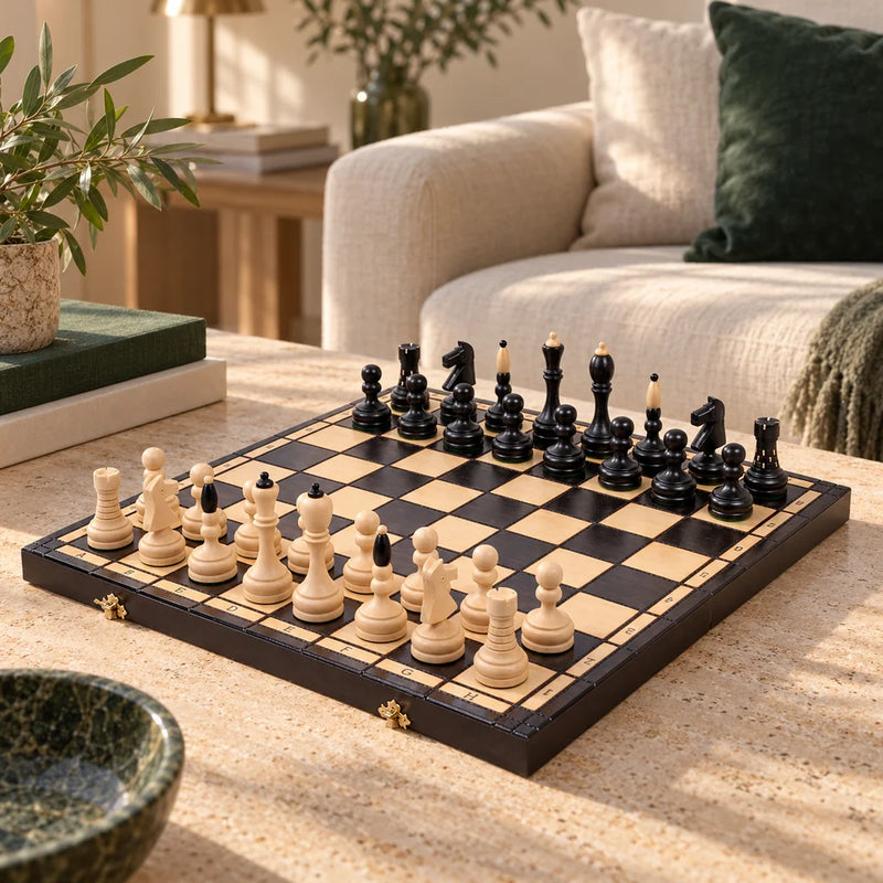 Jeu d’échecs Le Saint-Germain — mis en scène dans un salon