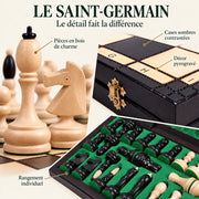 Jeu d’échecs Le Saint-Germain en bois — gros plans des matières, des finitions et du rangement