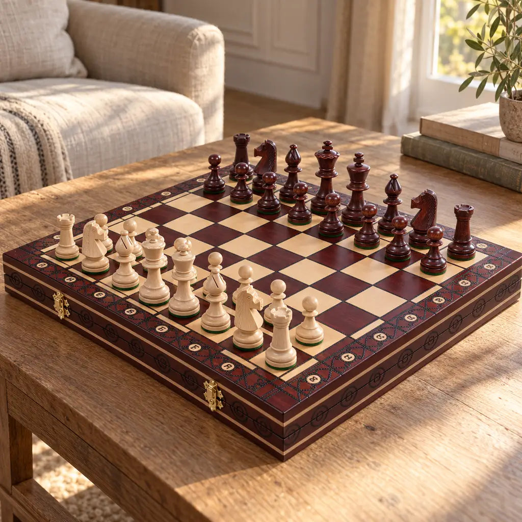 Jeu d’échecs Le Sénéchal — mis en scène dans un salon