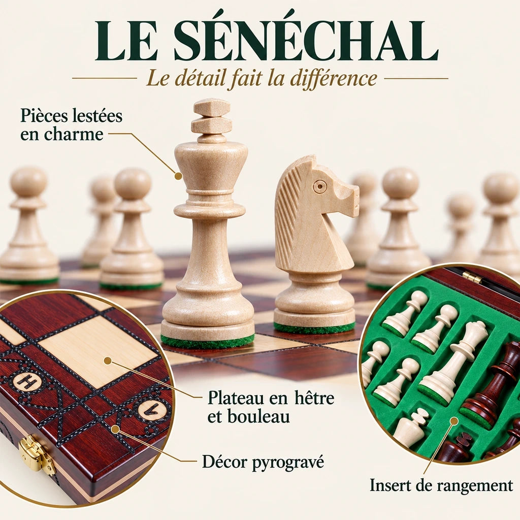 Jeu d’échecs Le Sénéchal en bois — gros plans des matières, des finitions et du rangement