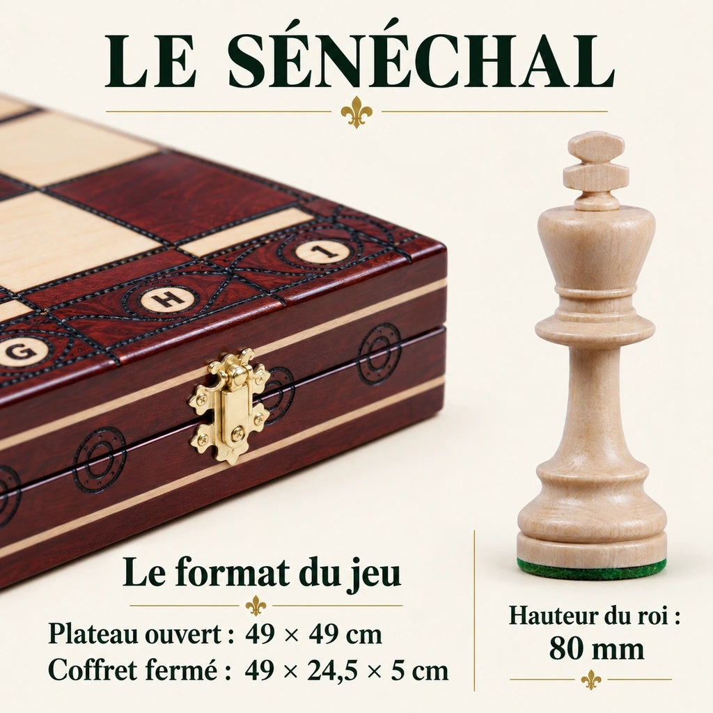Jeu d’échecs Le Sénéchal en bois — dimensions vérifiées du modèle
