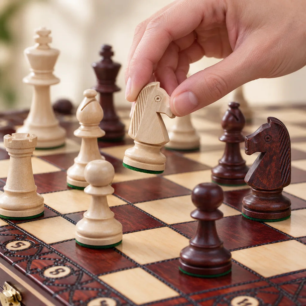 Jeu d’échecs Le Sénéchal — une main déplace une pièce