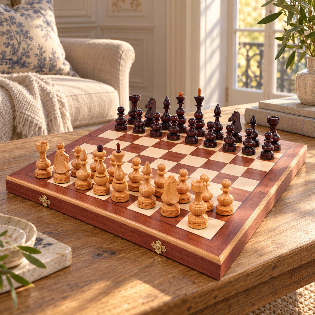 Jeu d’échecs Le Prélude — mis en scène dans un salon