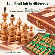 Jeu d’échecs Le Prélude marqueté — gros plans des matières, des finitions et du rangement