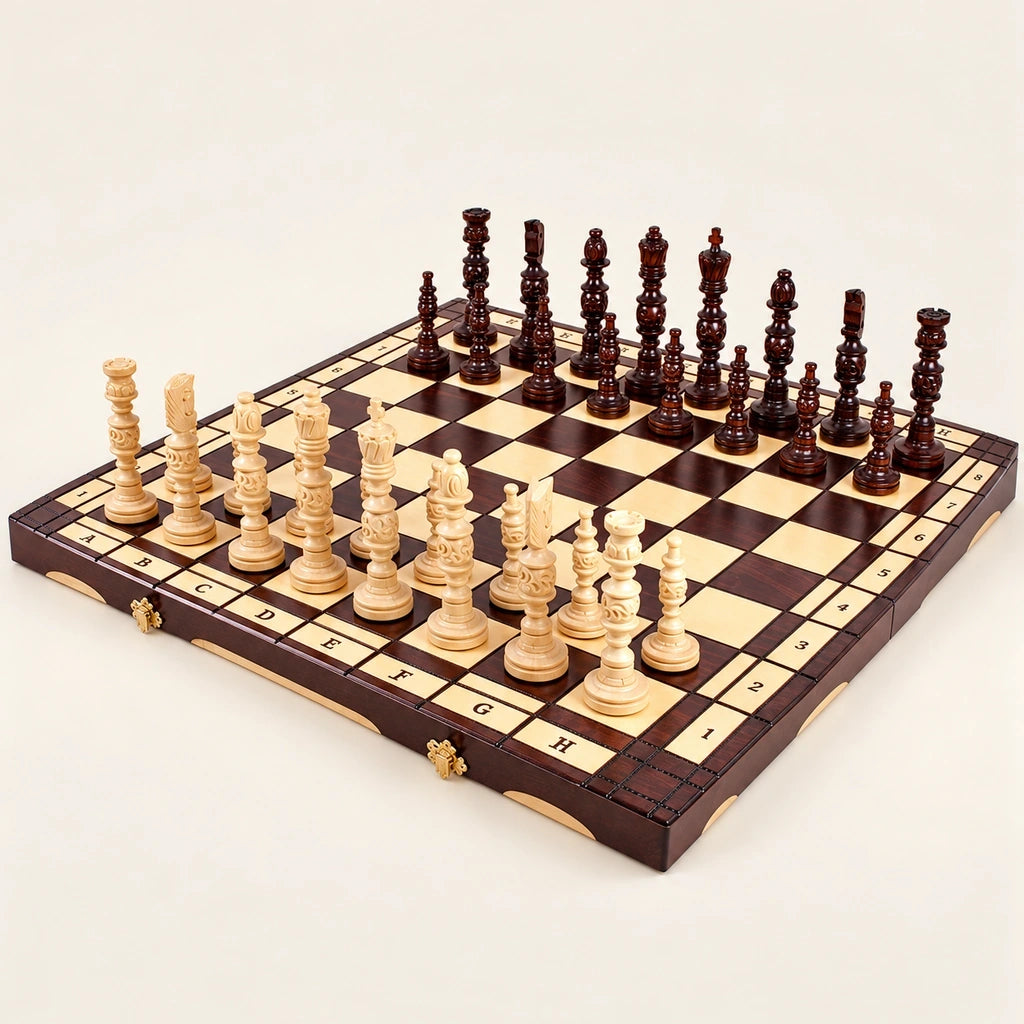 Jeu d’échecs Le Grand Siècle en bois — le jeu complet sur fond crème