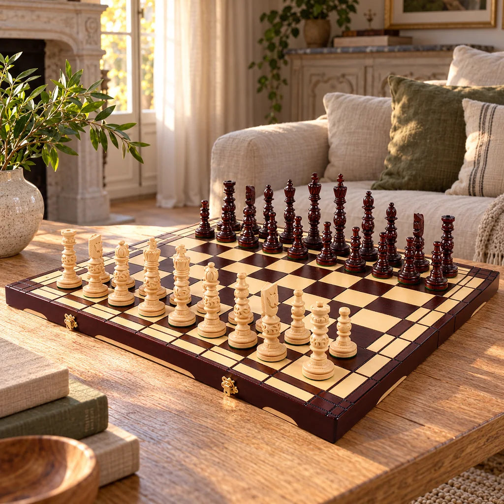 Jeu d’échecs Le Grand Siècle — mis en scène dans un salon