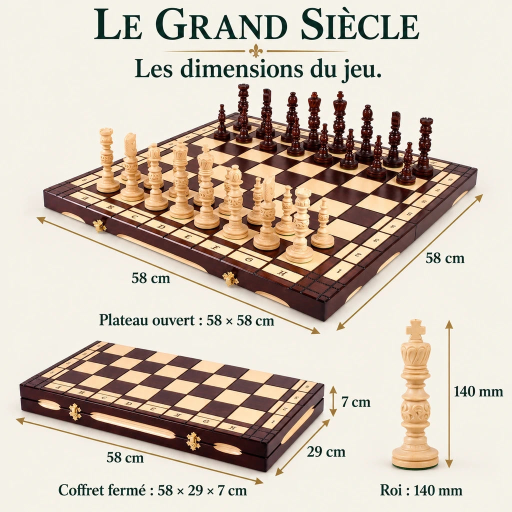 Jeu d’échecs Le Grand Siècle en bois — dimensions vérifiées du modèle