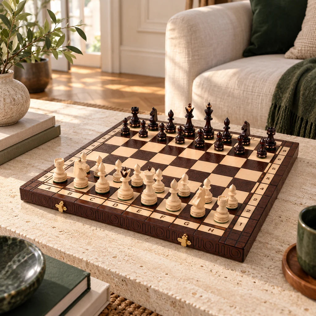 Jeu d’échecs Le Chambord — mis en scène dans un salon