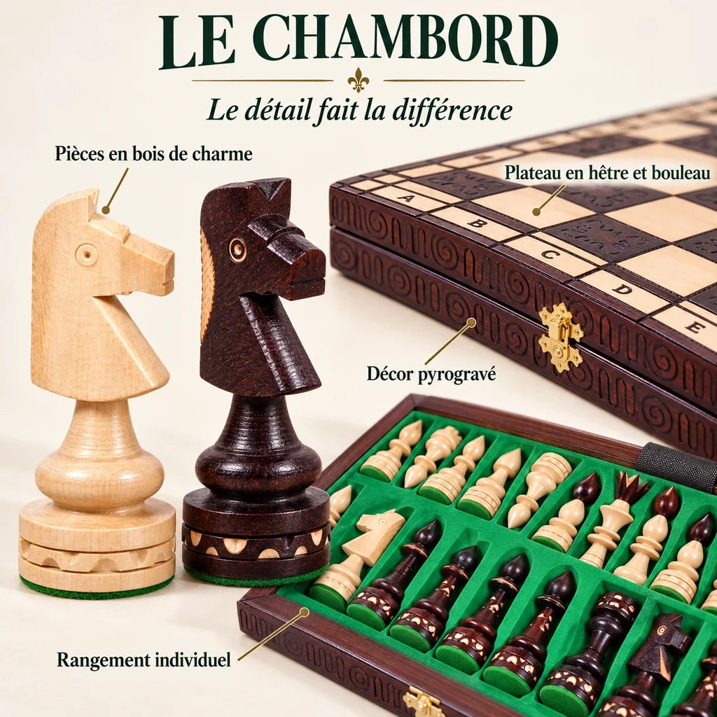 Jeu d’échecs Le Chambord en bois décoré — gros plans des matières, des finitions et du rangement