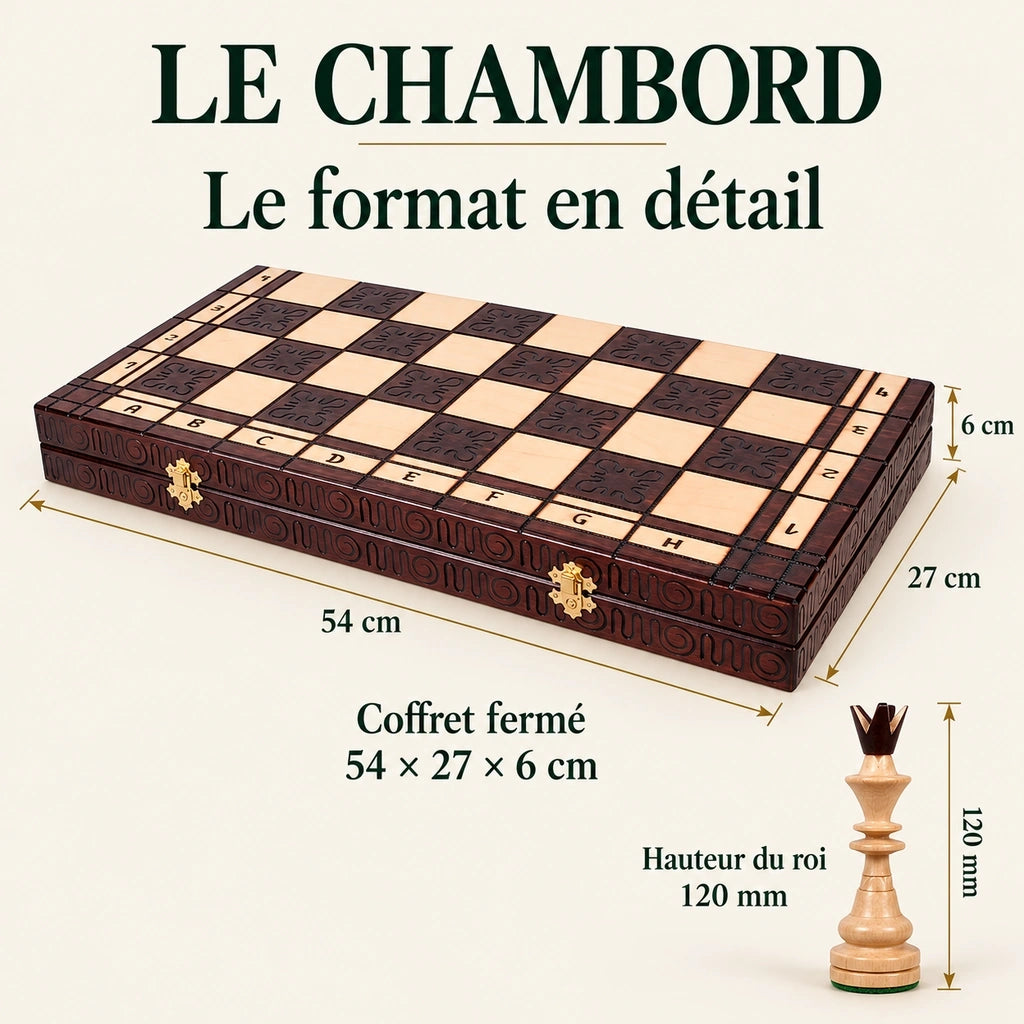 Jeu d’échecs Le Chambord en bois décoré — dimensions vérifiées du modèle