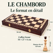 Jeu d’échecs Le Chambord en bois décoré — dimensions vérifiées du modèle