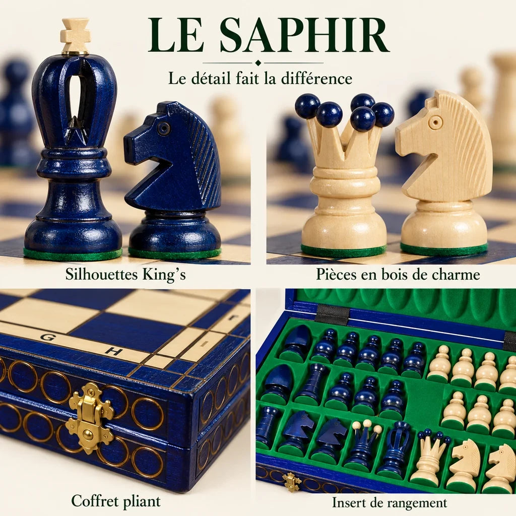 Jeu d’échecs Le Saphir en bois — gros plans des matières, des finitions et du rangement