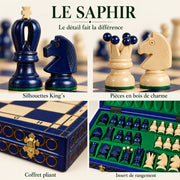 Jeu d’échecs Le Saphir en bois — gros plans des matières, des finitions et du rangement