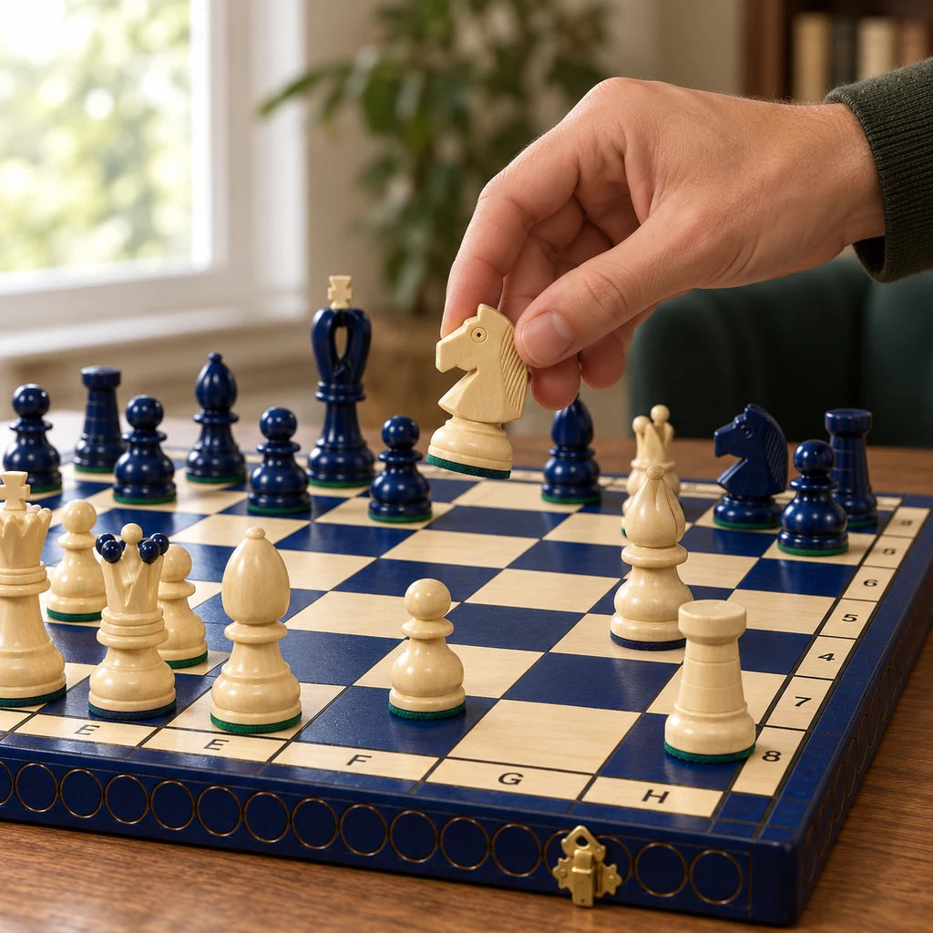 Jeu d’échecs Le Saphir — une main déplace une pièce