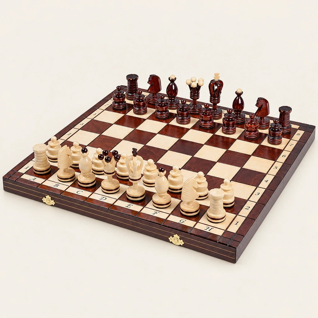 Jeu d’échecs L’Orfèvre à incrustations de laiton — le jeu complet sur fond crème