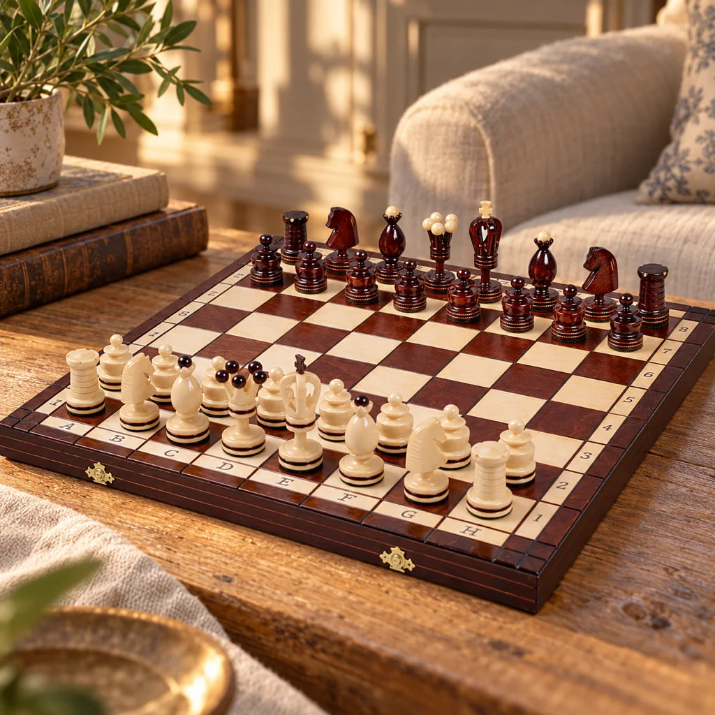Jeu d’échecs L’Orfèvre — mis en scène dans un salon