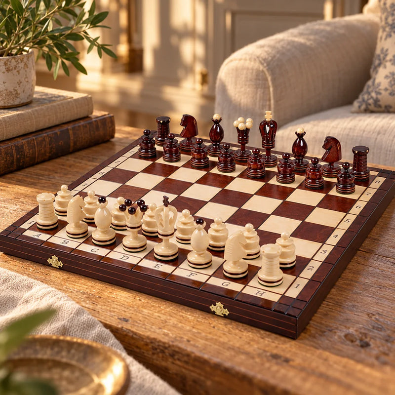 Jeu d’échecs L’Orfèvre — mis en scène dans un salon