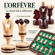 Jeu d’échecs L’Orfèvre à incrustations de laiton — gros plans des matières, des finitions et du rangement