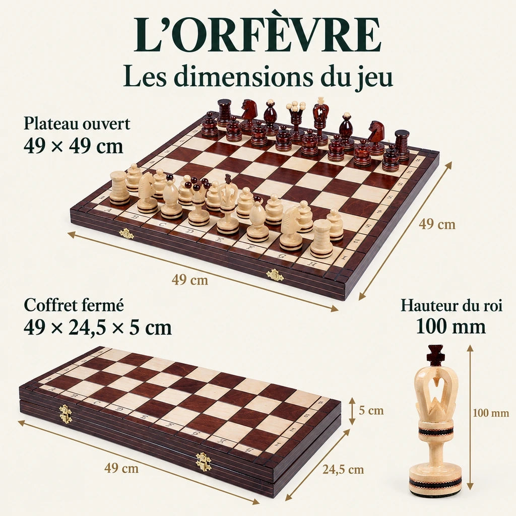 Jeu d’échecs L’Orfèvre à incrustations de laiton — dimensions vérifiées du modèle
