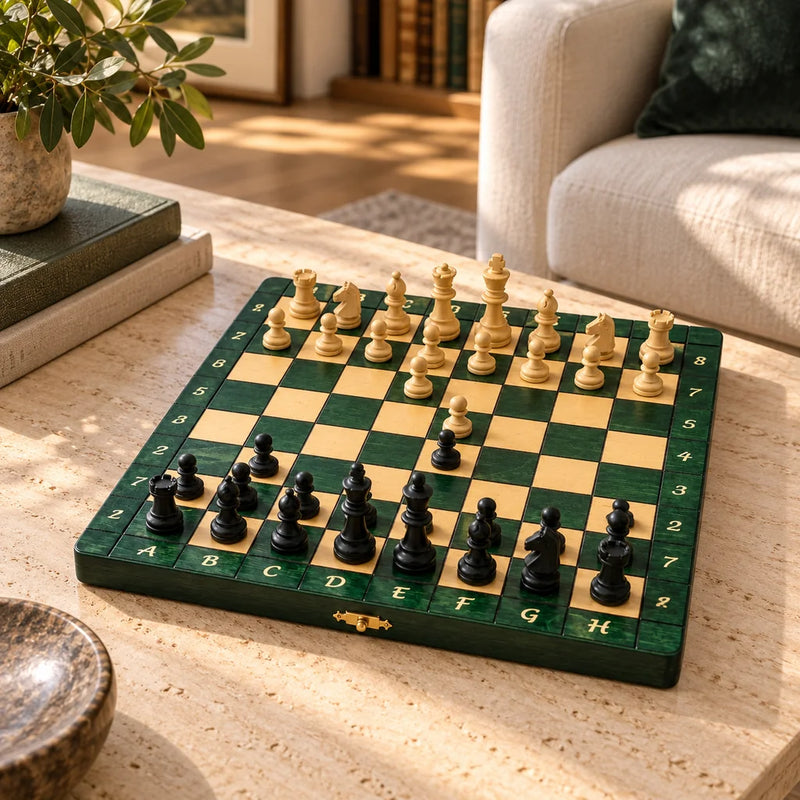 Jeu d’échecs Le Nomade vert — mis en scène dans un salon