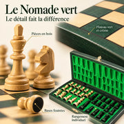 Jeu d’échecs Le Nomade vert magnétique en bois — gros plans des matières, des finitions et du rangement