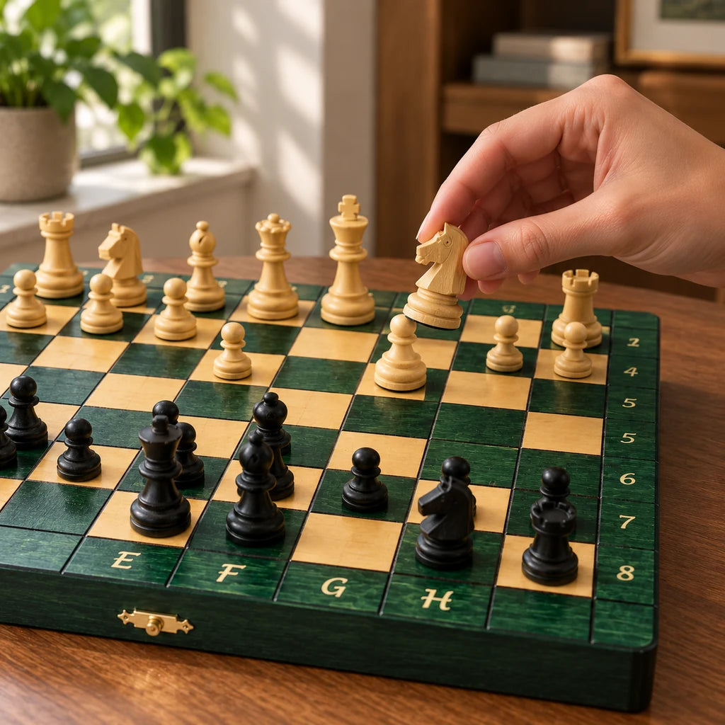 Jeu d’échecs Le Nomade vert — une main déplace une pièce