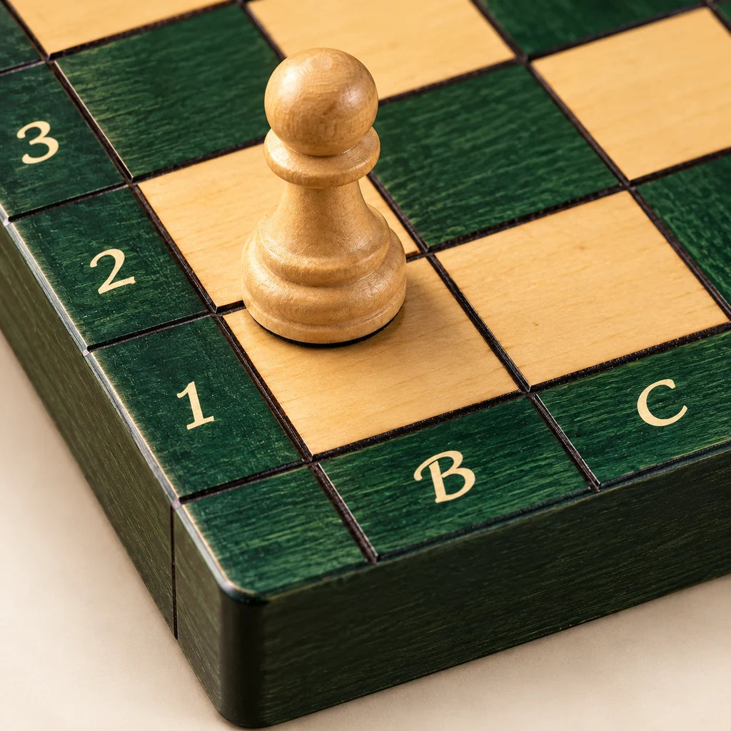 Jeu d’échecs Le Nomade vert — détail du bois et du décor