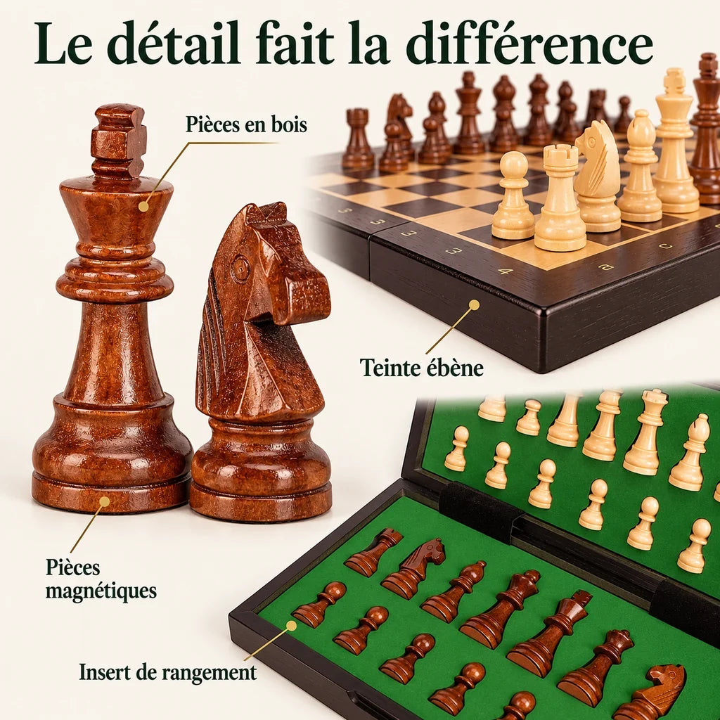 Jeu d’échecs Le Nomade ébène magnétique — gros plans des matières, des finitions et du rangement