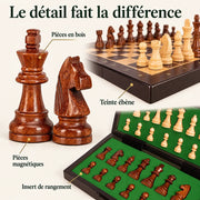 Jeu d’échecs Le Nomade ébène magnétique — gros plans des matières, des finitions et du rangement