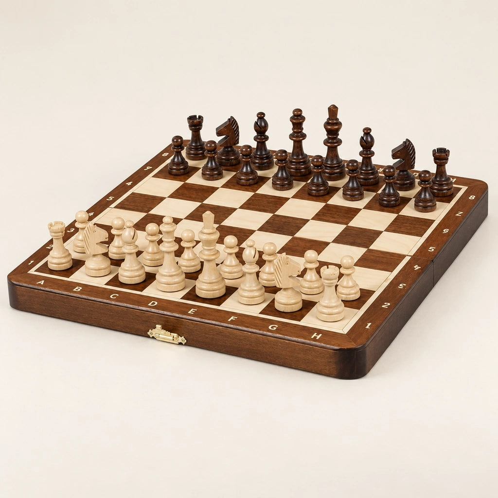 Jeu d’échecs Le Nomade marqueté magnétique — le jeu complet sur fond crème