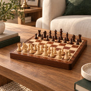 Jeu d’échecs Le Nomade marqueté — mis en scène dans un salon