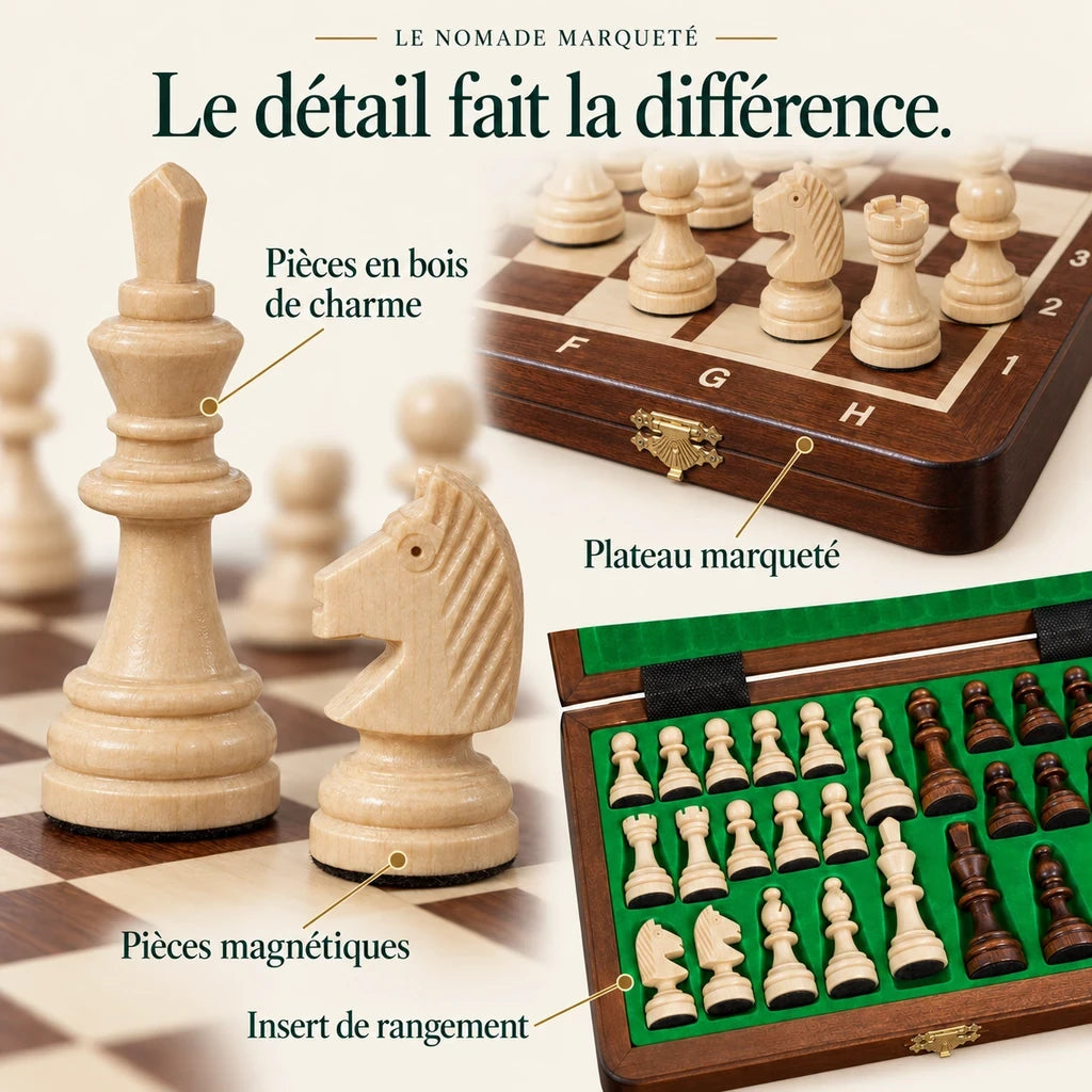 Jeu d’échecs Le Nomade marqueté magnétique — gros plans des matières, des finitions et du rangement
