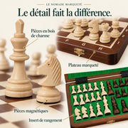 Jeu d’échecs Le Nomade marqueté magnétique — gros plans des matières, des finitions et du rangement