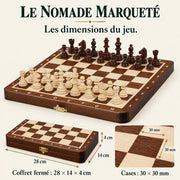 Jeu d’échecs Le Nomade marqueté magnétique — dimensions vérifiées du modèle