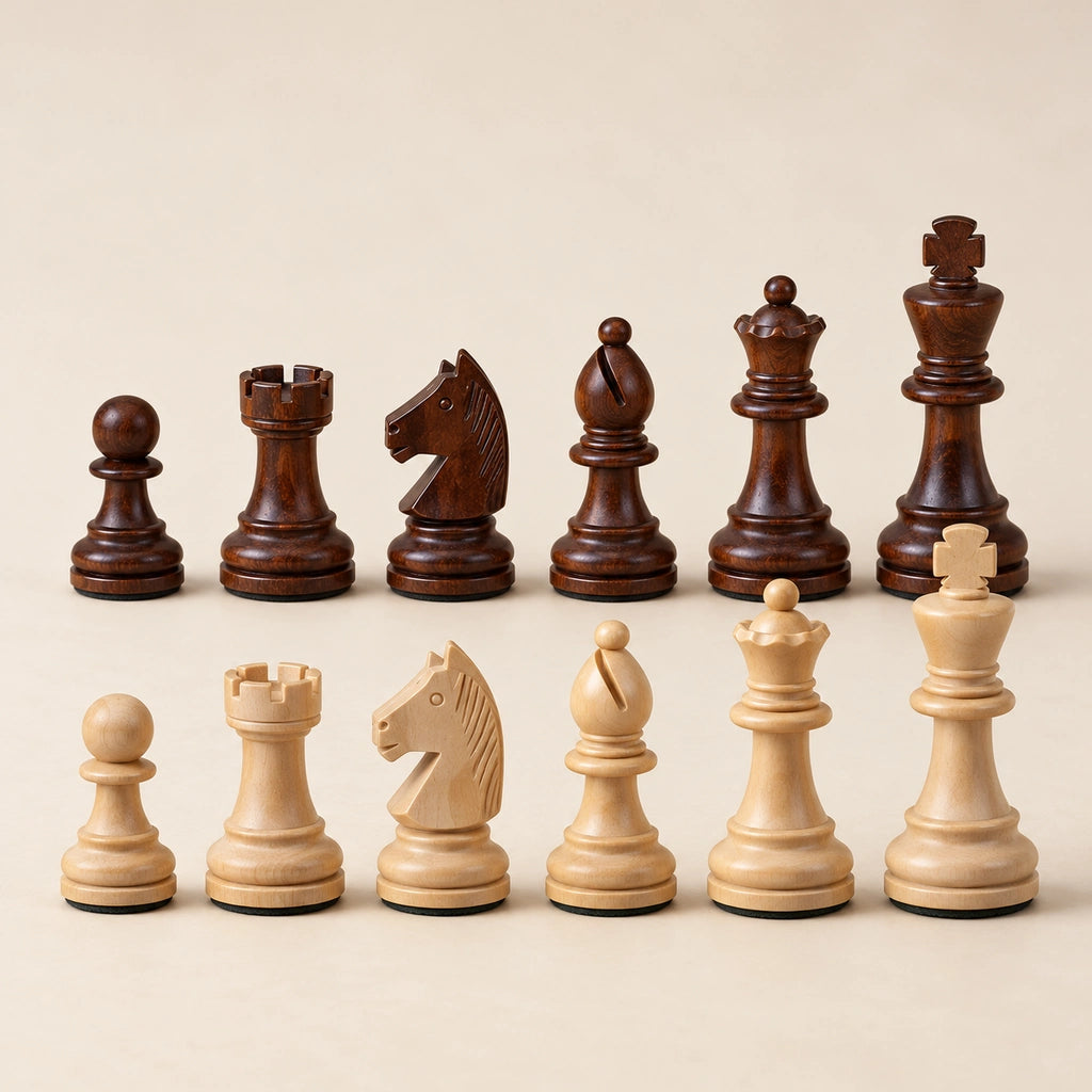 Jeu d’échecs Le Nomade marqueté — rangée des pièces