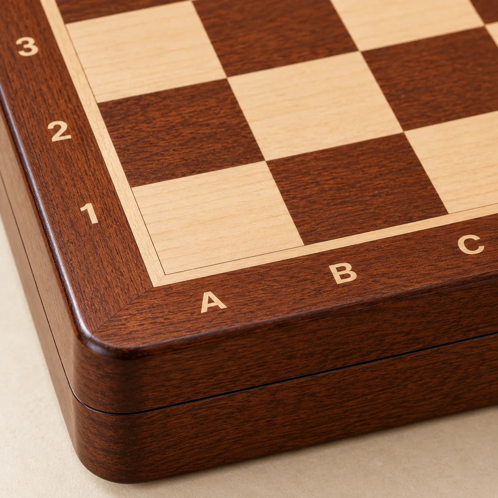 Jeu d’échecs Le Nomade marqueté — détail du bois et du décor