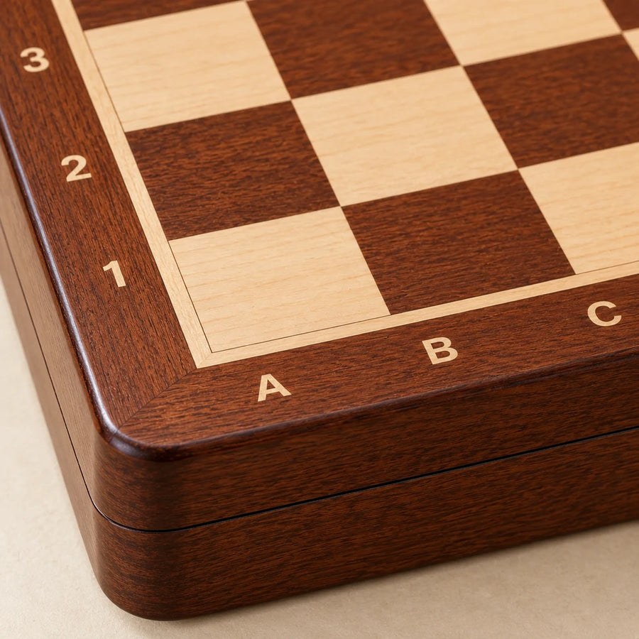 Jeu d’échecs Le Nomade marqueté — détail du bois et du décor