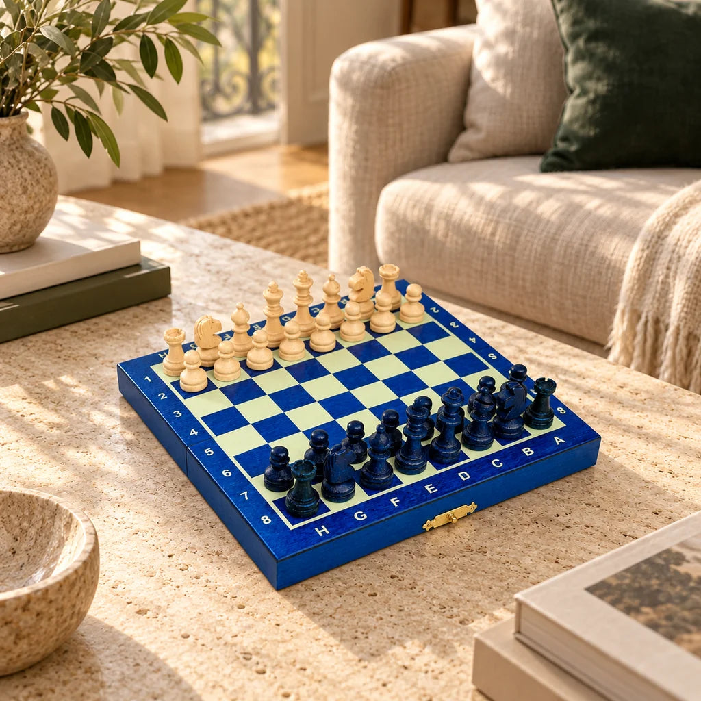 Jeu d’échecs Le Petit Nomade bleu — mis en scène dans un salon