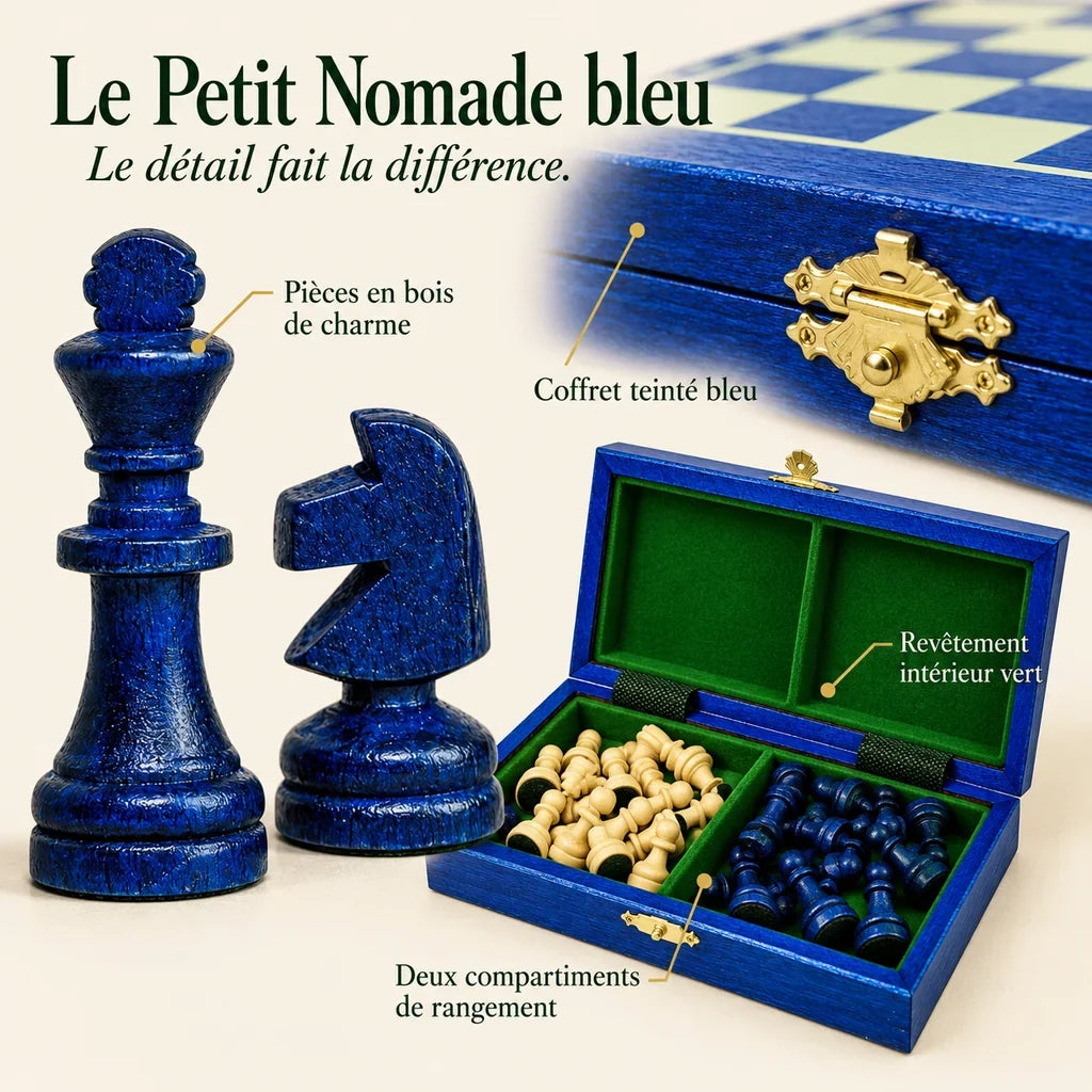 Jeu d’échecs Le Petit Nomade bleu magnétique — gros plans des matières, des finitions et du rangement