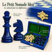 Jeu d’échecs Le Petit Nomade bleu magnétique — gros plans des matières, des finitions et du rangement