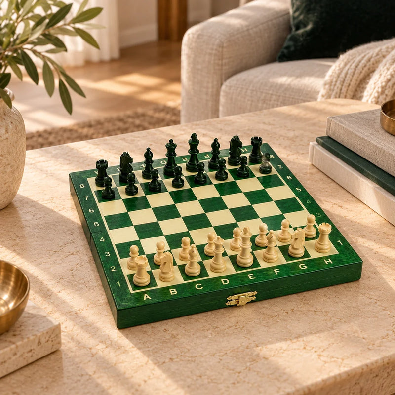 Jeu d’échecs Le Petit Nomade vert — mis en scène dans un salon