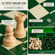 Jeu d’échecs Le Petit Nomade vert magnétique — gros plans des matières, des finitions et du rangement