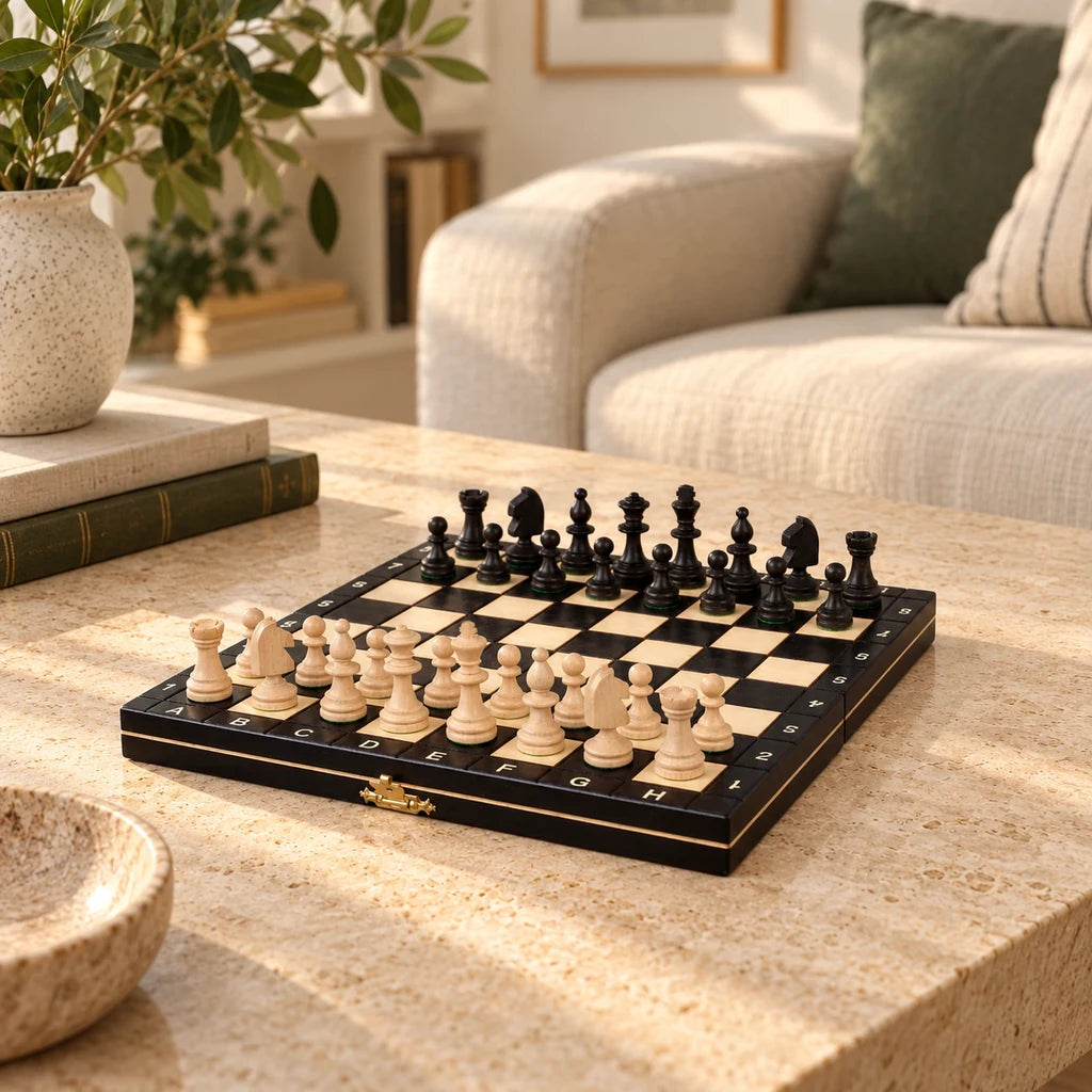 Jeu d’échecs Le Nomade noir — mis en scène dans un salon